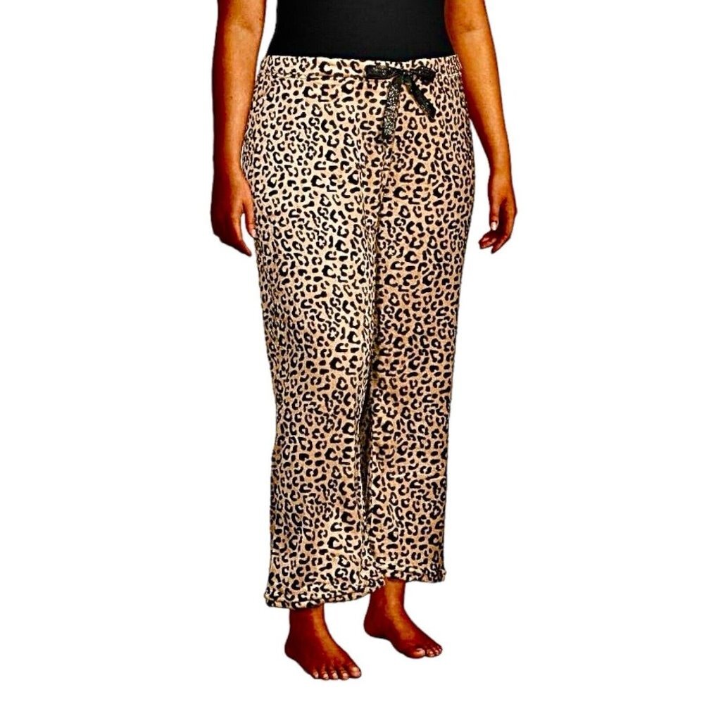 Plus Size 3X Leopard Print Lounge Pants Fluffy Fleece Pajama Bottoms Drawstring